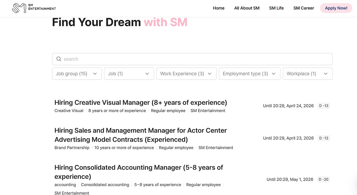 SSCREEN CAPTURE of SM Entertainment Careers Page