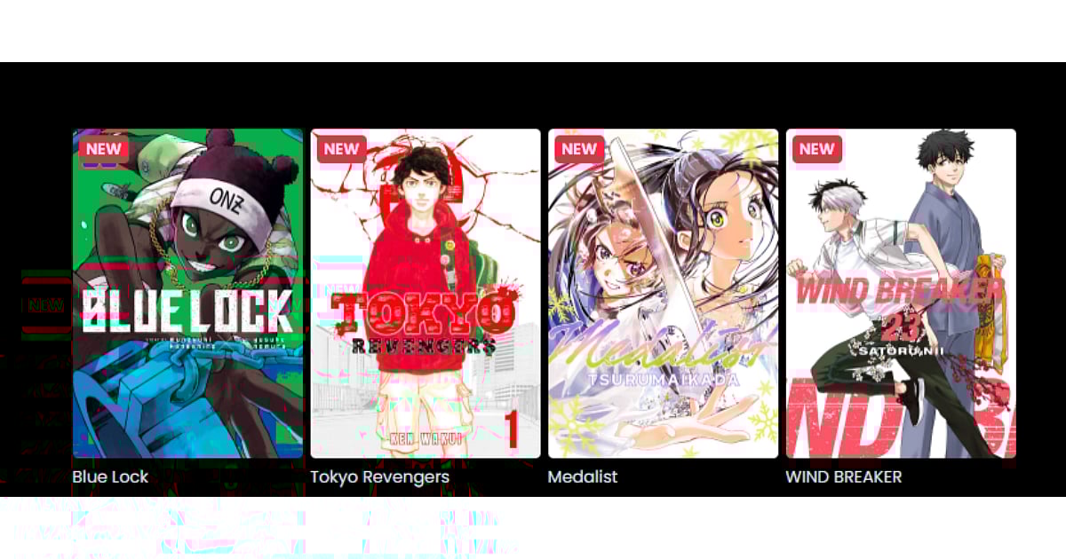 Manta's manga slate featuring Blue Lock, Tokyo Revengers, Medalist, and WIND BREAKER.