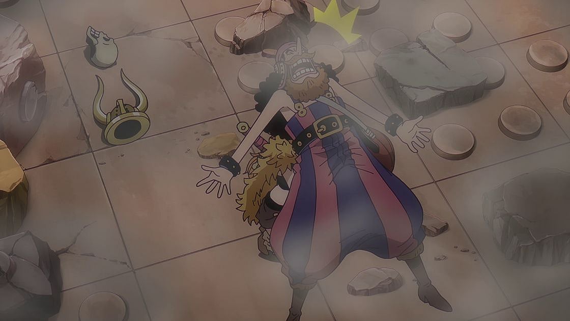 Nami using Usopp as a human shield against the giant cat Iscat on the block floor of Bigstein Castle in One Piece Episode 1157