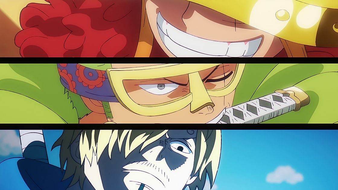 Split-panel close-up of Luffy grinning, Zoro with goggles and sword drawn, and Sanji preparing to strike in One Piece Episode 1157