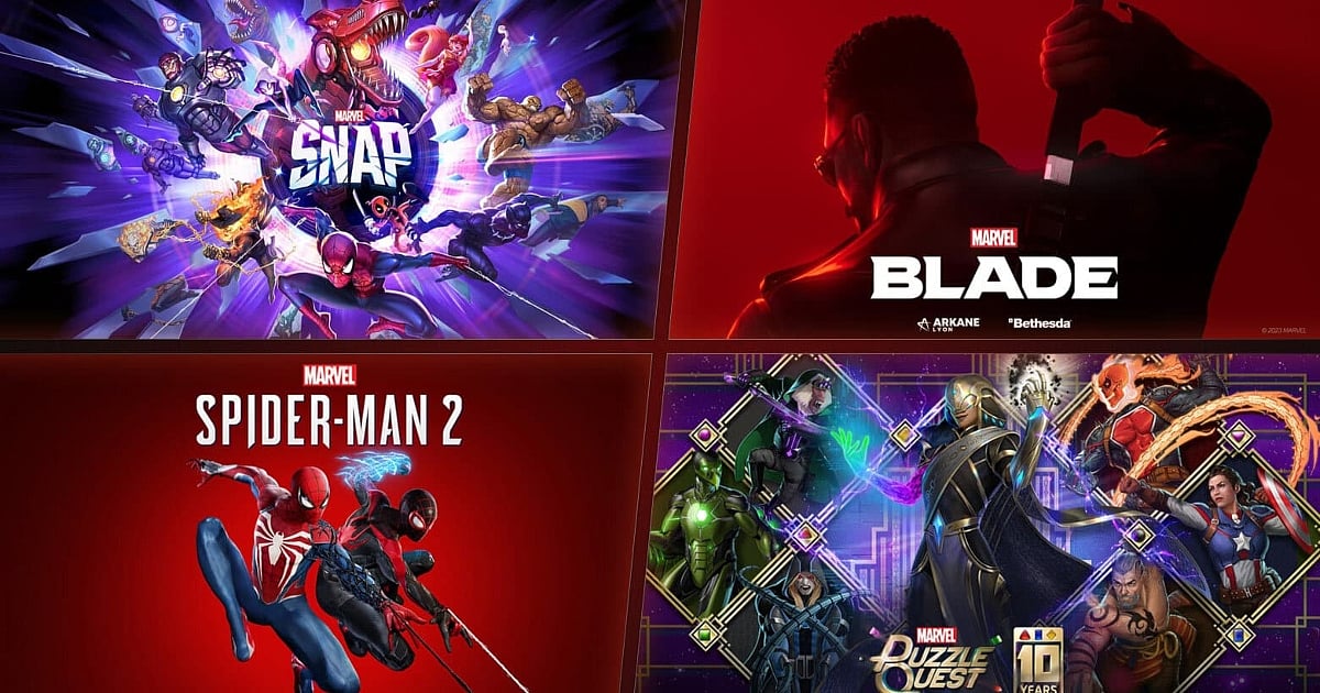 A four-panel collage showcasing various Marvel video games. The top-left panel features the Marvel SNAP logo surrounded by a vibrant, cosmic array of characters like Iron Man, Spider-Man, and Black Panther. The top-right shows a silhouette of Blade from Arkane Lyon's upcoming title. The bottom-left highlights Marvel's Spider-Man 2 with Peter Parker and Miles Morales in action. The bottom-right displays Marvel Puzzle Quest celebrating its 10th anniversary with a diverse cast of heroes.