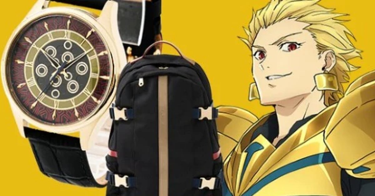 A promotional graphic featuring Gilgamesh from Fate/strange Fake alongside a SuperGroupies luxury watch and a premium black backpack. The watch features a gold case with a red and black dial inspired by the Gate of Babylon, while the backpack includes gold hardware and armor-patterned embossing.