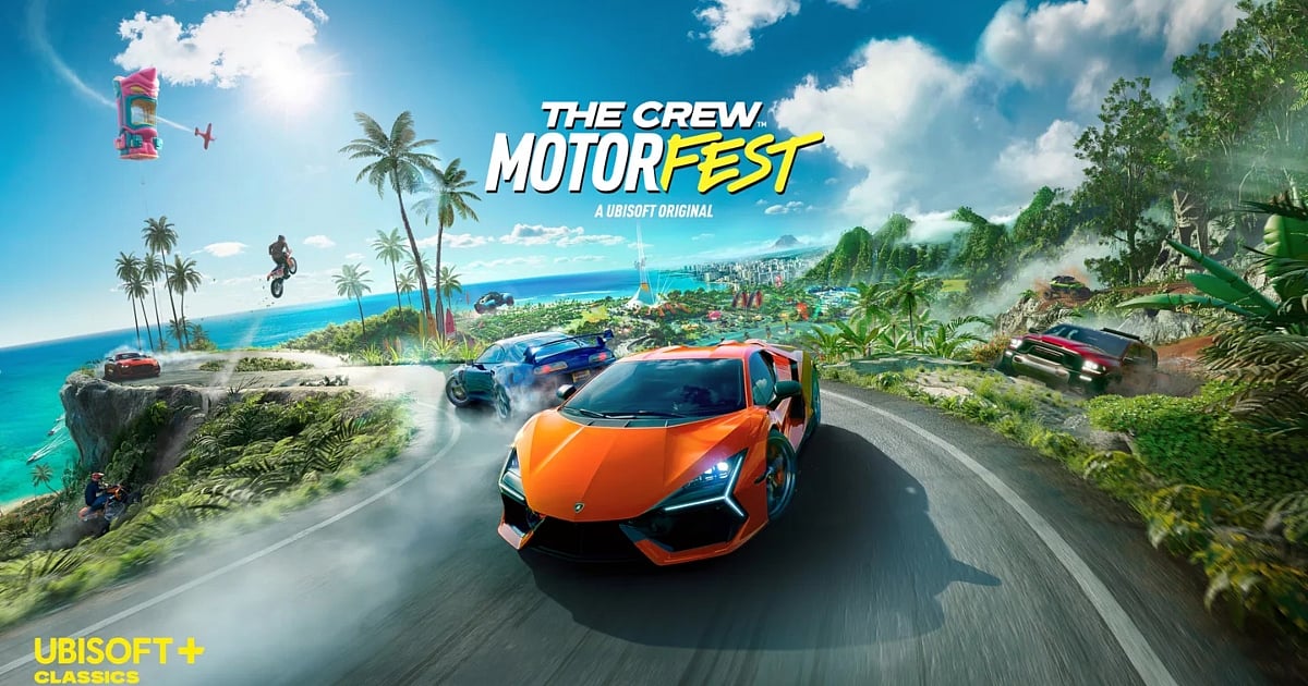 A vibrant promotional image for "The Crew Motorfest" featuring an orange Lamborghini speeding down a winding coastal road in a tropical Hawaiian setting. The scene includes palm trees, a bright blue ocean, other racing vehicles, and a clear sunny sky with the game title centered at the top.