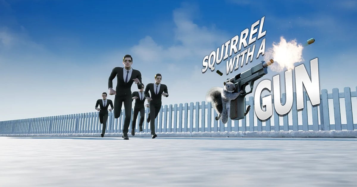 A cinematic action shot from the game "Squirrel with a Gun." A gray squirrel leaps through the air while firing a large, realistic black handgun. In the background, four men in black suits and sunglasses are running across a bright white surface toward the squirrel under a clear blue sky.