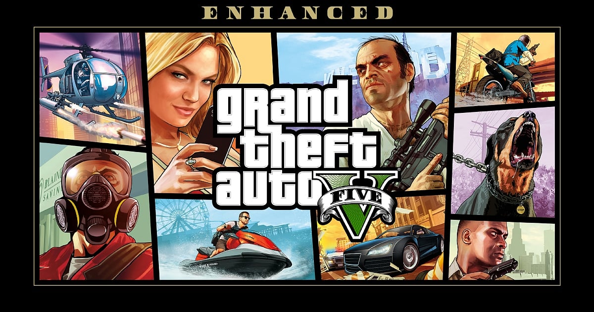 A high-resolution version of the classic Grand Theft Auto V "comic-style" grid cover art. It features various panels showcasing the game's protagonists, Trevor and Franklin, alongside action scenes involving a helicopter, a jet ski, a luxury car, and a barking Rottweiler. The iconic "Grand Theft Auto V" logo is centered, with the word "ENHANCED" printed in gold at the top.