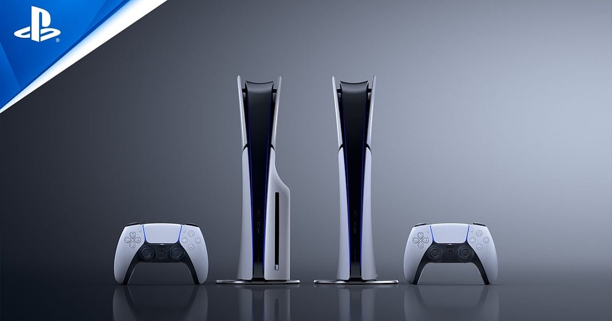 A clean, professional product showcase features the PlayStation 5 hardware family arranged symmetrically against a minimalist, cool-grey studio background. Two vertical consoles stand at the center—the Disc Edition with its signature curved drive bulge and the Digital Edition with a sleeker, symmetrical profile—both illuminated by soft blue internal lighting. In front of each console sits a white DualSense wireless controller, reflecting slightly on the dark, polished surface below. 