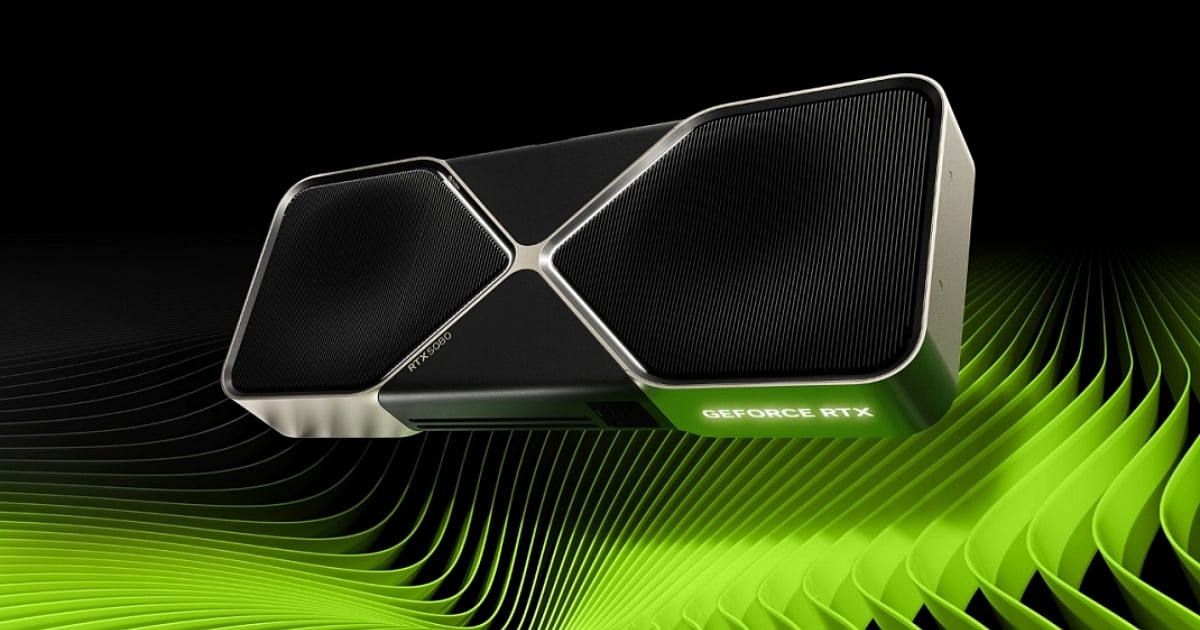A sleek, black and silver Nvidia GeForce RTX 5080 graphics card featuring a dual-fan design and illuminated "GeForce RTX" branding against a wavy green and black digital background.