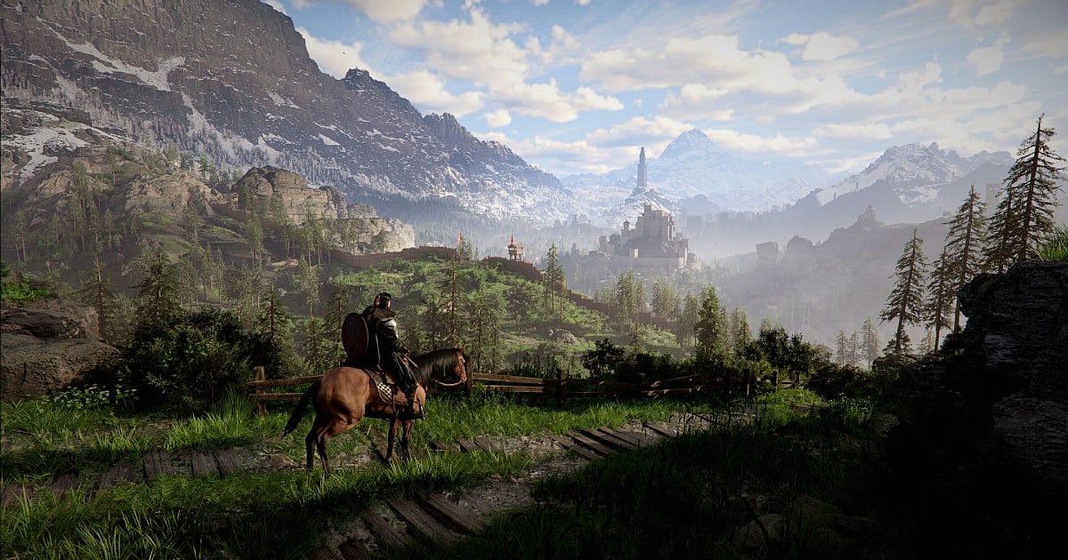 A lone warrior mounted on a brown horse looks out over a vast, lush valley in the continent of Pywel. The landscape features rolling green hills, pine trees, and a distant medieval castle nestled beneath towering, snow-capped mountains under a bright, cloudy sky.