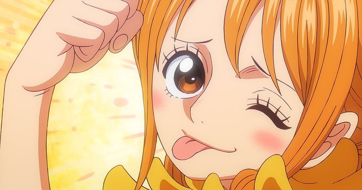 Nami winks apologetically at the grasshopper man in One Piece Episode 1158
