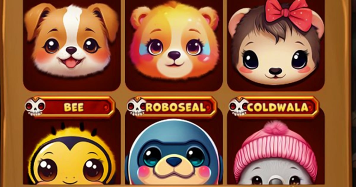 A character selection screen from the mobile game Animal Suika featuring a grid of six cute, wide-eyed animals. The top row shows a puppy, a bear, and a monkey with a bow. The bottom row displays characters labeled "BEE," "ROBOSEAL," and "COLDWALA" wearing hats and accessories.