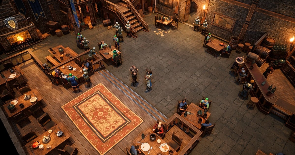 An isometric high-angle view of a medieval tavern interior from the game Frontier Paladin. The stone-walled room is filled with wooden tables, benches, and NPCs in armor or commoner clothing. A large fireplace glows on the left, a bar with barrels stands on the right, and a red patterned rug anchors the foreground.