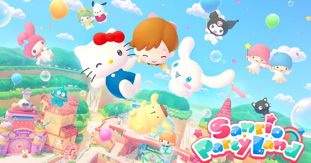Promotional artwork for the video game Sanrio Party Land featuring Hello Kitty, Cinnamoroll, Pompompurin, and other characters floating in a bright, whimsical sky above a colorful theme park with waterfalls and a "Creative Labo" building.
