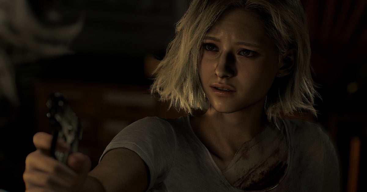 A cinematic close-up from Resident Evil Requiem featuring a young blonde woman with a determined yet distressed expression. She is aiming a handgun off-camera with a steady hand, while visible bloodstains on her shoulder and tattered clothing suggest a recent struggle. The dark, atmospheric lighting emphasizes the high-fidelity character textures and the survival horror tension of the 2026 title.