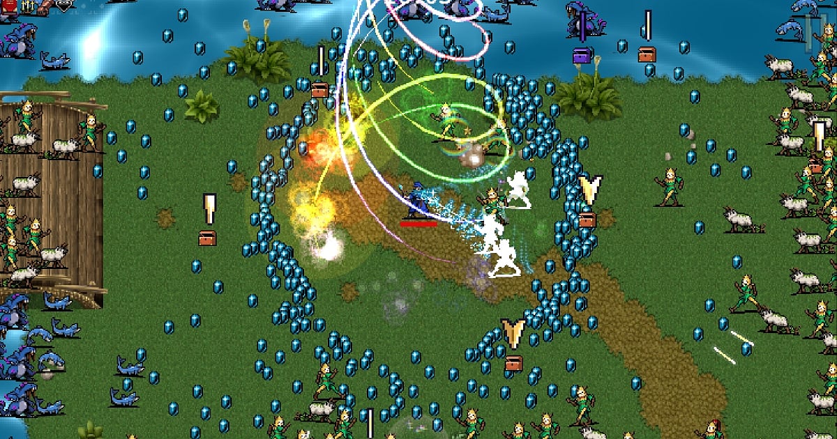 A chaotic gameplay screenshot of the pixel-art roguelite Vampire Survivors, showing a character surrounded by hundreds of enemies on a green field. The screen is filled with colorful, spiraling projectile effects and glowing blue experience gems scattered across the ground. The retro-style UI at the top displays a level 12 progression bar, a timer at 16:05, and a high kill count, capturing the signature "bullet-heaven" intensity the game is known for.