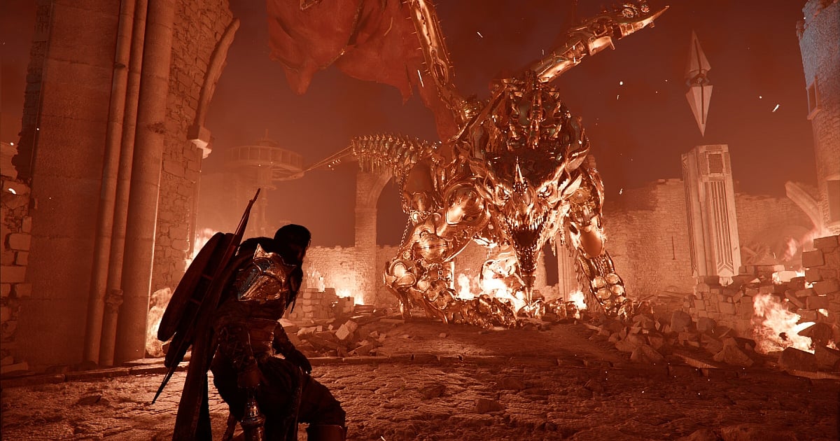 A high-fidelity cinematic screenshot from Crimson Desert featuring a lone warrior kneeling before a massive, mechanical golden dragon. The scene is bathed in a dramatic orange glow from surrounding fires and embers within a ruined stone cathedral. The immense scale and intricate detail of the dragon highlight the game's next-gen visual quality.