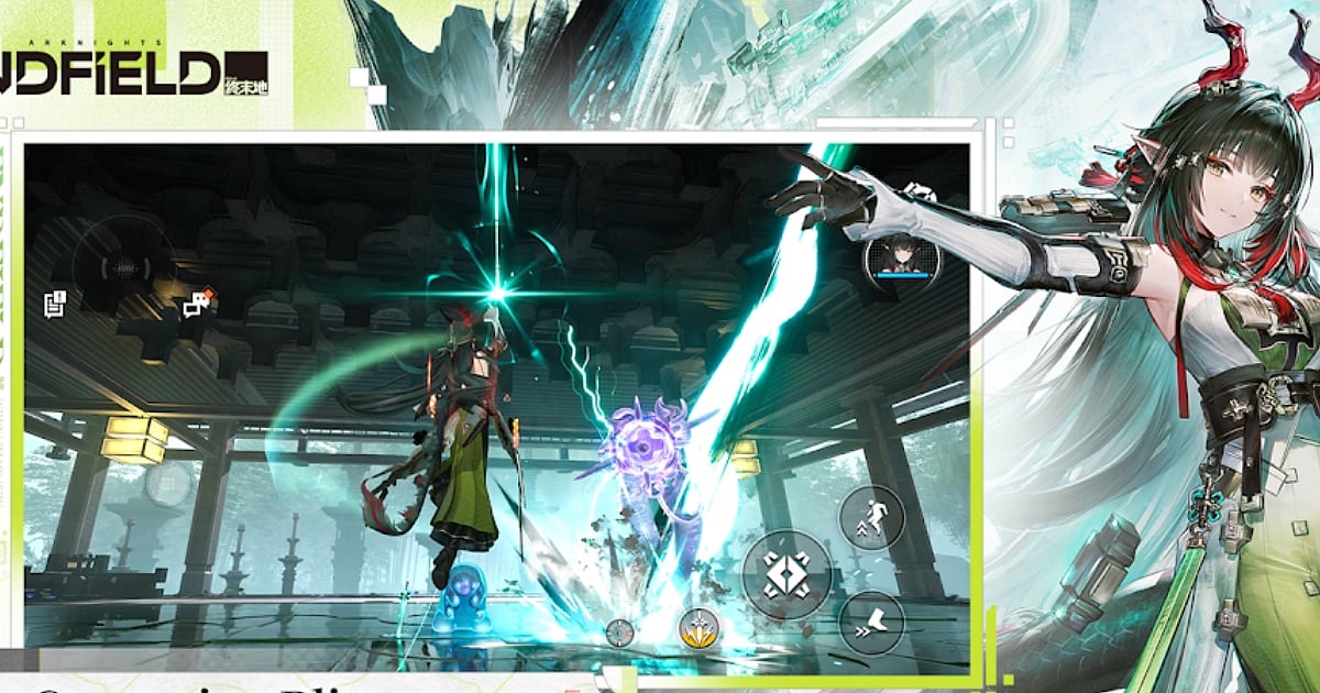 A promotional graphic for Arknights: Endfield featuring a gameplay screenshot inset against a stylized background. On the right, the new six-star character Zhuang Fangyi is shown in high-quality anime art, featuring long dark hair, red horns, and a green-and-white tactical outfit. The gameplay window displays an active combat scene in a traditional hall, showing a character unleashing a bright teal energy attack against a purple mechanical enemy, complete with mobile touchscreen UI elements and the game’s logo in the corner.