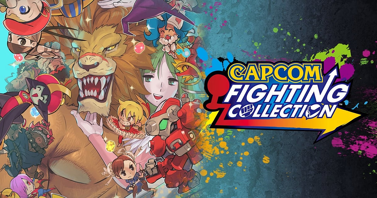 A colorful promotional image for the Capcom Fighting Collection, featuring a vibrant collage of various characters from the publisher's iconic fighting game history. On the left, a large, detailed illustration of Leo from Red Earth is surrounded by small, stylized "chibi" versions of classic characters including Chun-Li, Morrigan, and Akuma. The right side of the image features the bold "Capcom Fighting Collection" logo set against a dark, textured background with bright blue, yellow, and pink paint splatters.