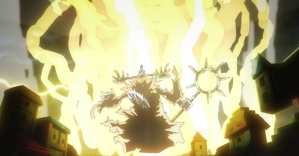 The Sun God is struck by a massive lightning bolt from Zeus, silhouetted against the burning Block Kingdom in One Piece Episode 1159