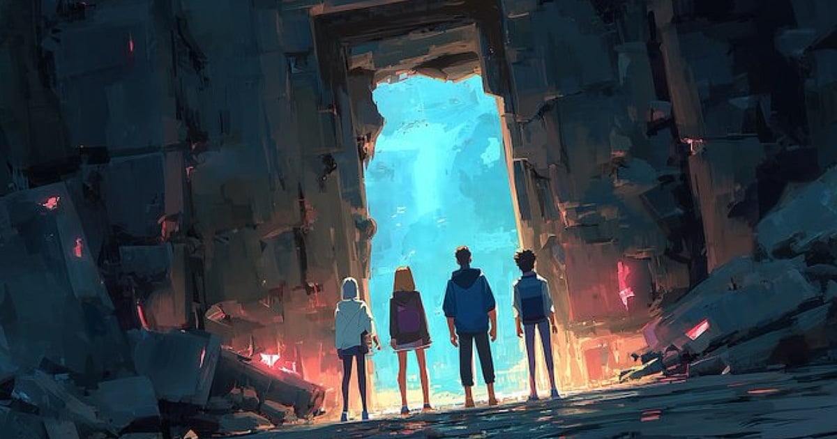 Atmospheric concept art showing four young characters standing from behind, looking through a massive, jagged stone doorway. The portal opens up to a bright, ethereal blue light that contrasts with the dark, painterly rock formations surrounding them.