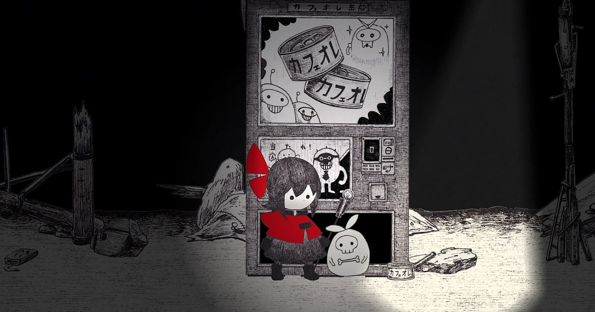 A stylized 2D screenshot of the game HINO featuring a hand-drawn, ballpoint pen art style. A small girl with dark hair, a red bow, and a red cloak stands in front of a detailed vending machine in a dark, atmospheric wasteland. Beside her is a small, round companion with a skull face, illuminated by a single spotlight.