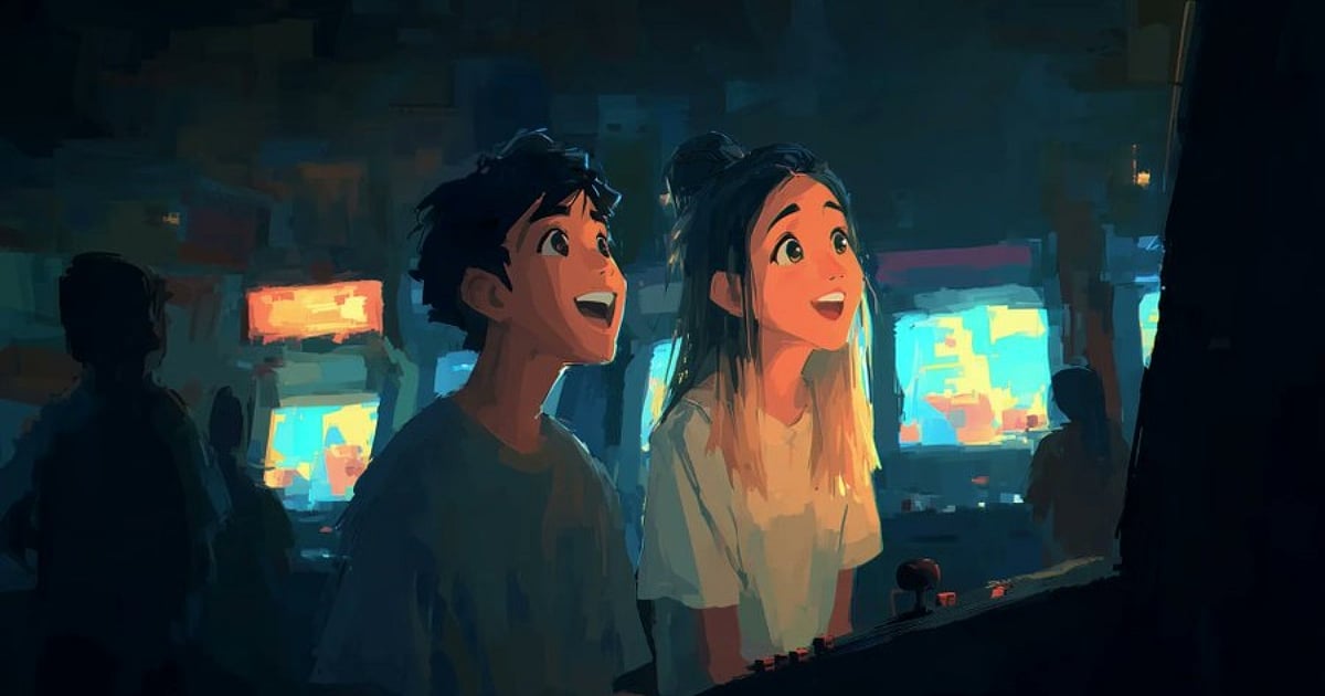 A vibrant, painterly illustration of two young gamers—a boy and a girl—looking up at an arcade screen with expressions of pure excitement and wonder. Their faces are illuminated by the warm, colorful glow of the monitors in a dimly lit, bustling arcade. The art style is stylized and modern, capturing a heartfelt moment of shared gaming joy.