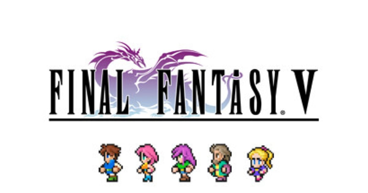 The clean, white title screen for the Final Fantasy V Pixel Remaster. The classic logo features a purple dragon silhouette behind the bold black text. Below the title, five iconic 16-bit pixel art characters from the game are lined up, showing their retro sprite designs.