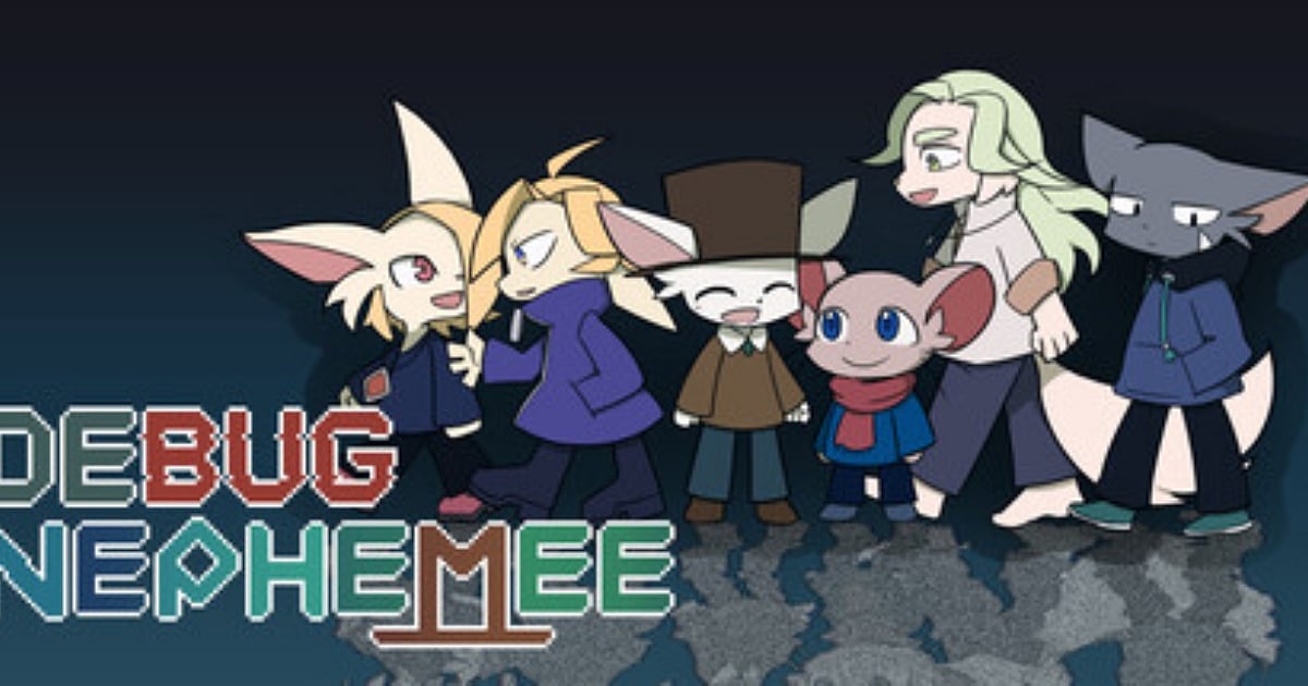  The official horizontal key art for DEBUG NEPHEMEE. It shows a group of six diverse, colorful, and cartoonish characters with animal-like features standing together. The game's title is displayed in the bottom left corner in a digital, pixelated font over a grainy, grey-textured background.