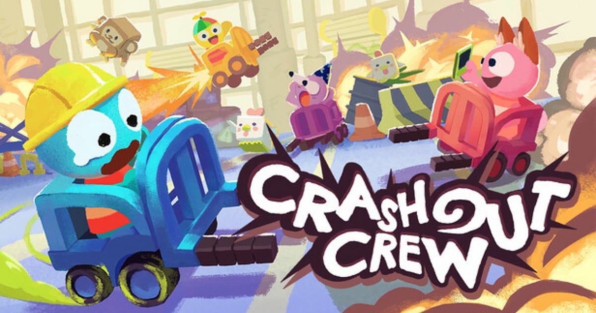 A vibrant, chaotic action scene from Crashout Crew. Several cartoonish animal characters in small vehicles and forklifts are engaged in a physics-based brawl. A blue character with a yellow hardhat drives a forklift in the foreground, while explosions and other racers, including a pink cat and a purple creature, fill the background.