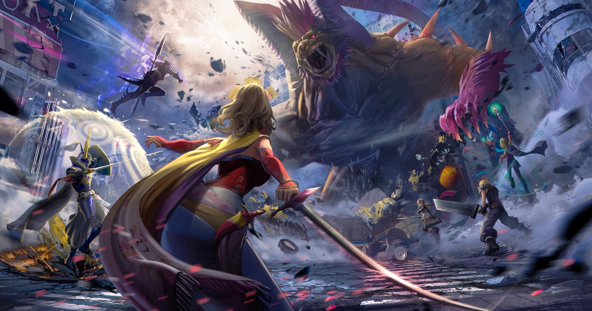 A dramatic battle scene from Dissidia Duellum Final Fantasy featuring iconic heroes like Cloud Strife and Warrior of Light facing off against a massive, horned Behemoth-like monster in a destroyed city setting.