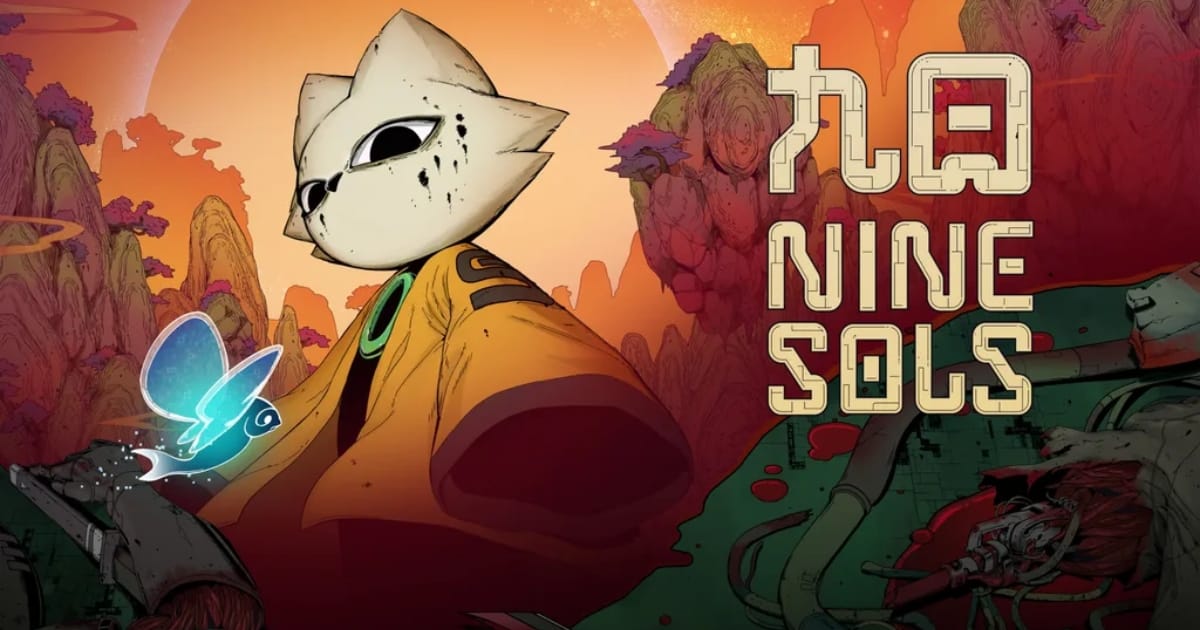 Stylized hand-drawn artwork for Nine Sols featuring a cat-like warrior in a yellow robe standing before a surreal, mountainous landscape. A glowing blue butterfly-fish creature floats nearby.