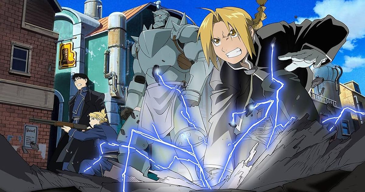 Fullmetal Alchemist: Brotherhood key visual showing Edward Elric using alchemy with blue lightning, Alphonse in his armor behind him, and Roy Mustang with Riza Hawkeye in the background