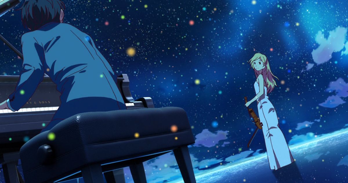 Your Lie in April scene showing Kousei Arima at a Steinway grand piano facing Kaori Miyazono holding a violin, set against a starry night sky