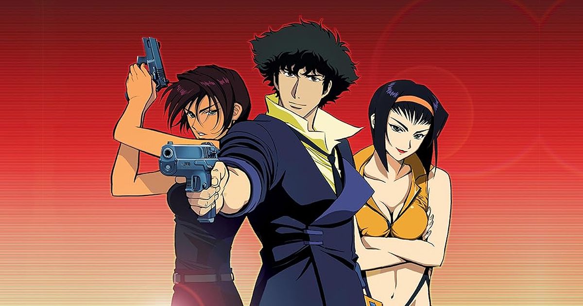 Cowboy Bebop key visual featuring Spike Spiegel pointing his Jericho 941, with Faye Valentine and Jet Black flanking him against a red background