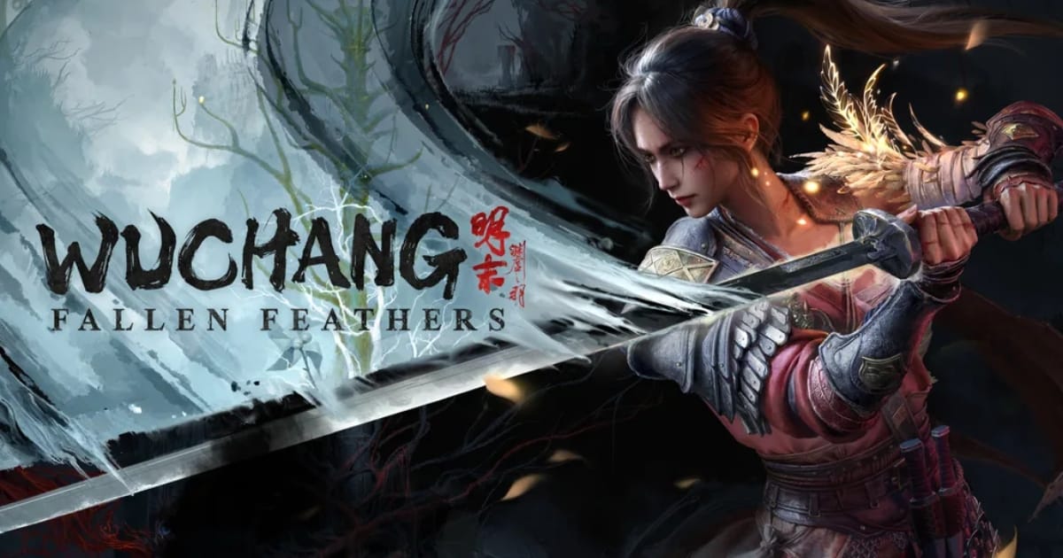 Dark fantasy promotional art for Wuchang: Fallen Feathers showing a female warrior in intricate red and silver armor drawing a sword against a backdrop of ethereal, wintery trees.