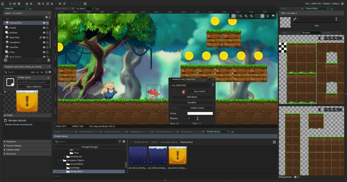 A screenshot of the traditional GameMaker IDE featuring a 2D platformer level with lush green trees, gold coins, and a level editor sidebar.