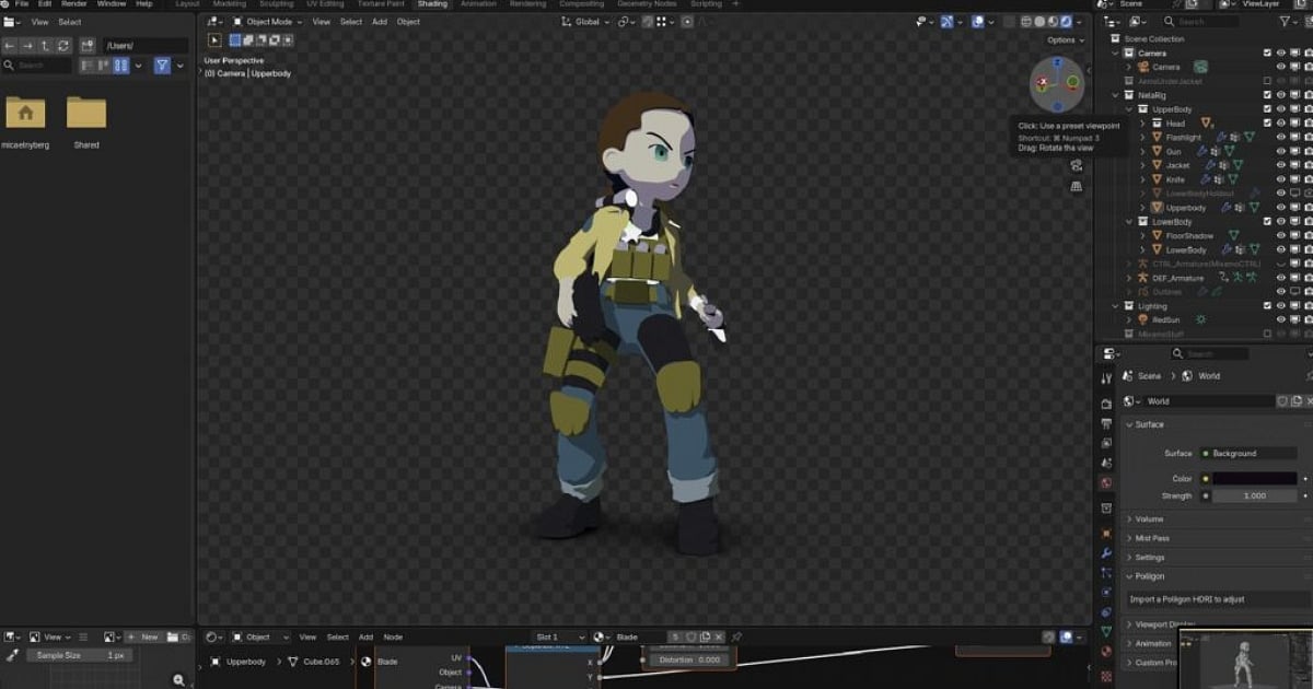 A screenshot of the Blender interface showing a stylized 3D character model of a girl in a yellow jacket and tactical gear, highlighting GameMaker's expanded 3D handling capabilities.