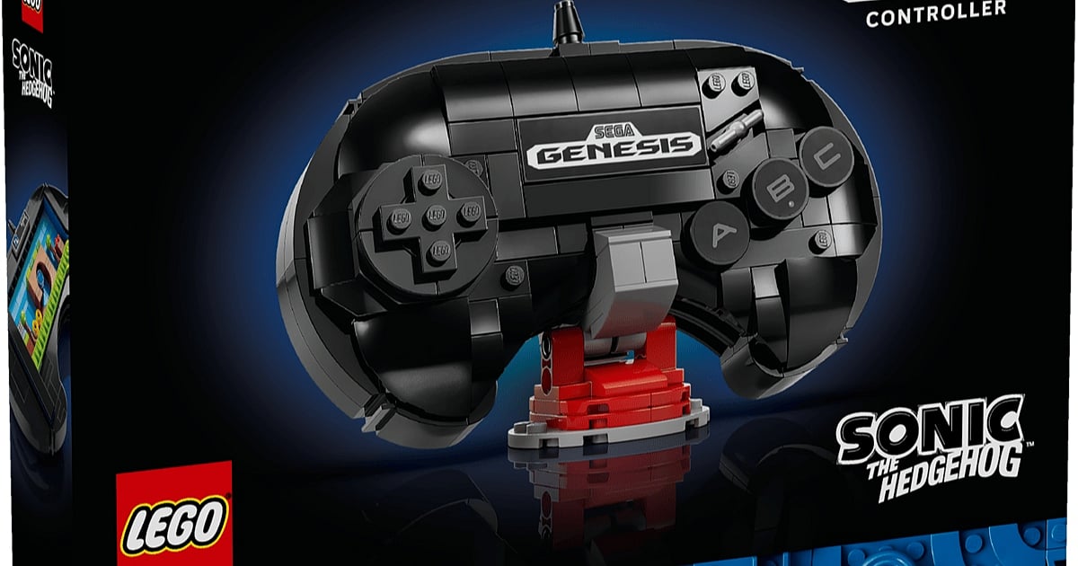 Official LEGO packaging for the SEGA Genesis Controller set, featuring a large image of the black brick-built peripheral on a red stand against a dark blue background