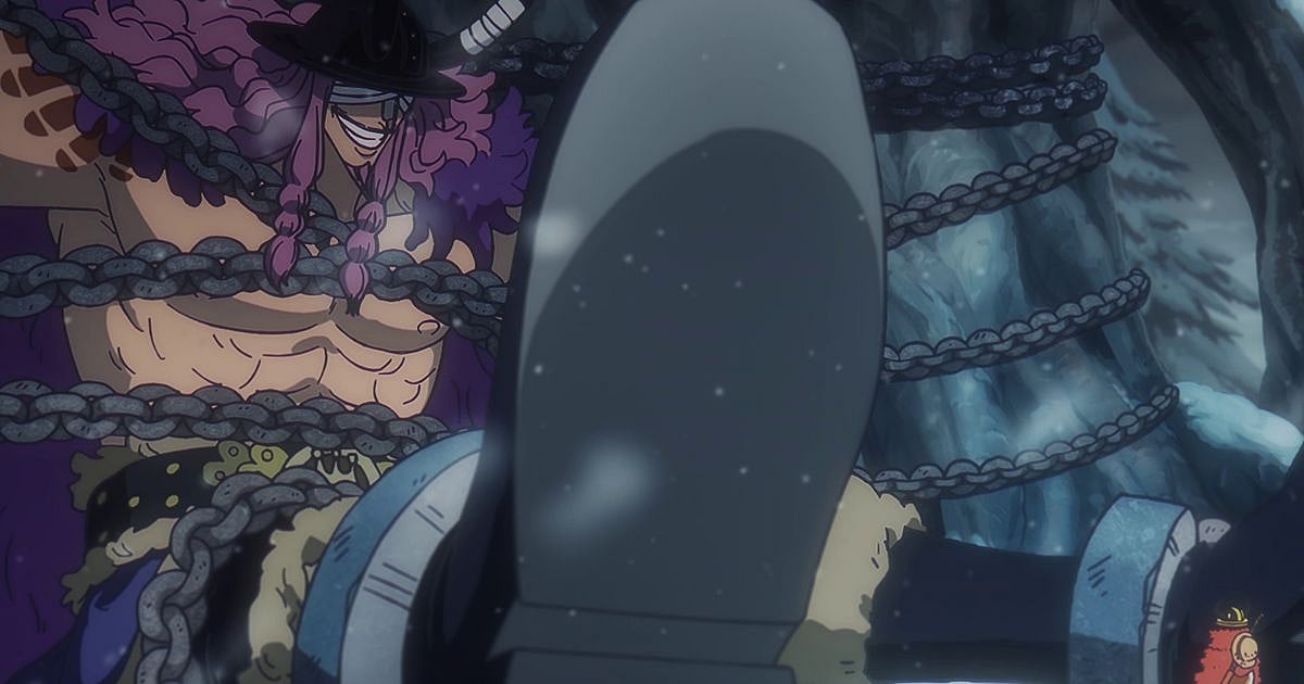 Prince Loki, blindfolded and bound in chains at the Treasure Tree Adam, with a tiny Luffy standing at his foot in One Piece Episode 1160.