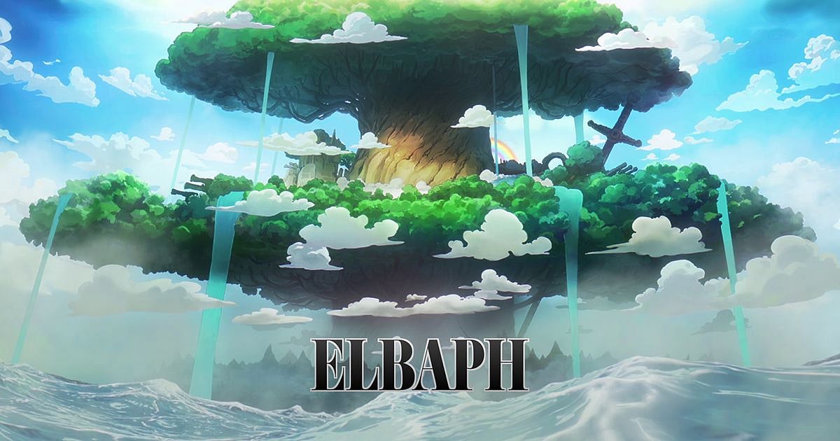 The title card reveal of Elbaph in One Piece Episode 1160, showing the giants' homeland as a massive tree-island rising above the clouds.