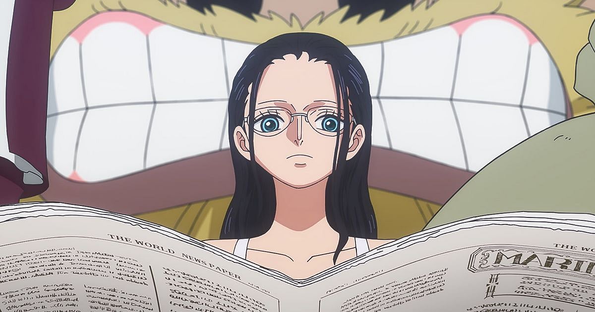 Nico Robin reads the World News Paper in One Piece Episode 1160, with a giant face visible behind her as their new bounties are revealed.