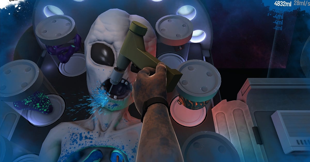 A gameplay screenshot from Surgeon Simulator, a game originally born at a game jam. The image shows a first-person perspective of a surgical procedure being performed on an alien character in a space setting, using a power drill that is spraying blue fluid. In-game UI elements in the corners track time, blood level, and loss rate.