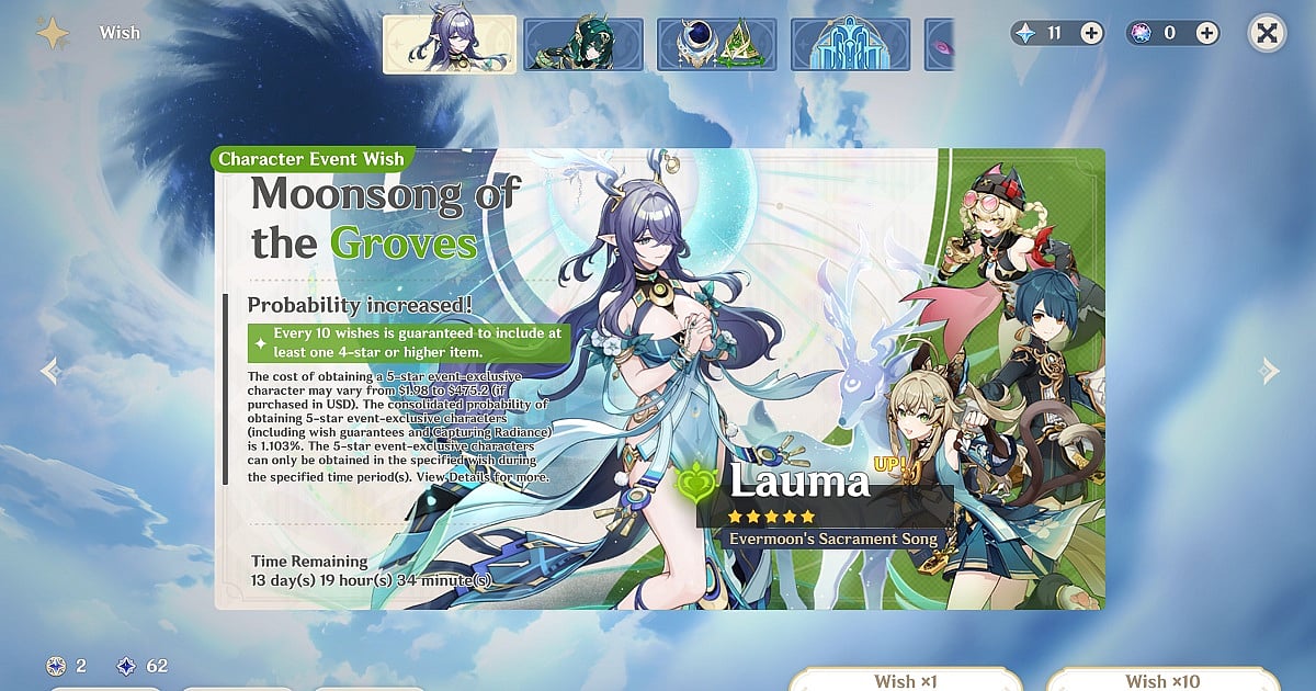 A banner screen in Genshin Impact which has a character that can cost up to $475.20