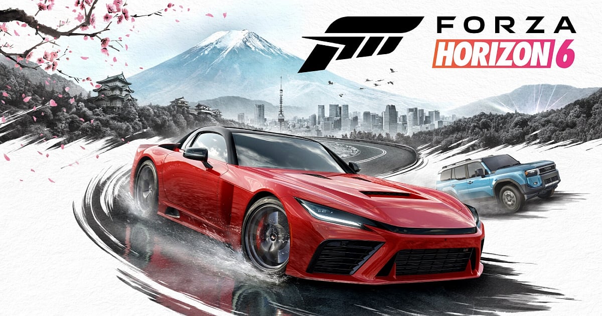 Promotional artwork for Forza Horizon 6 featuring a sleek red sports car drifting on a mountain road with cherry blossoms in the foreground. The background showcases a stylized Japanese landscape with Mount Fuji and a modern city skyline.