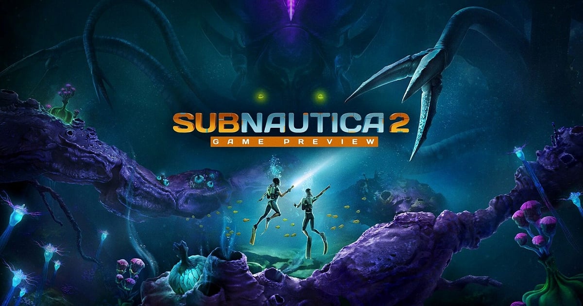 Official "Game Preview" poster for Subnautica 2 showing two divers swimming through a vibrant, bioluminescent underwater cave. A massive, multi-eyed alien creature lurks in the dark shadows above them.
