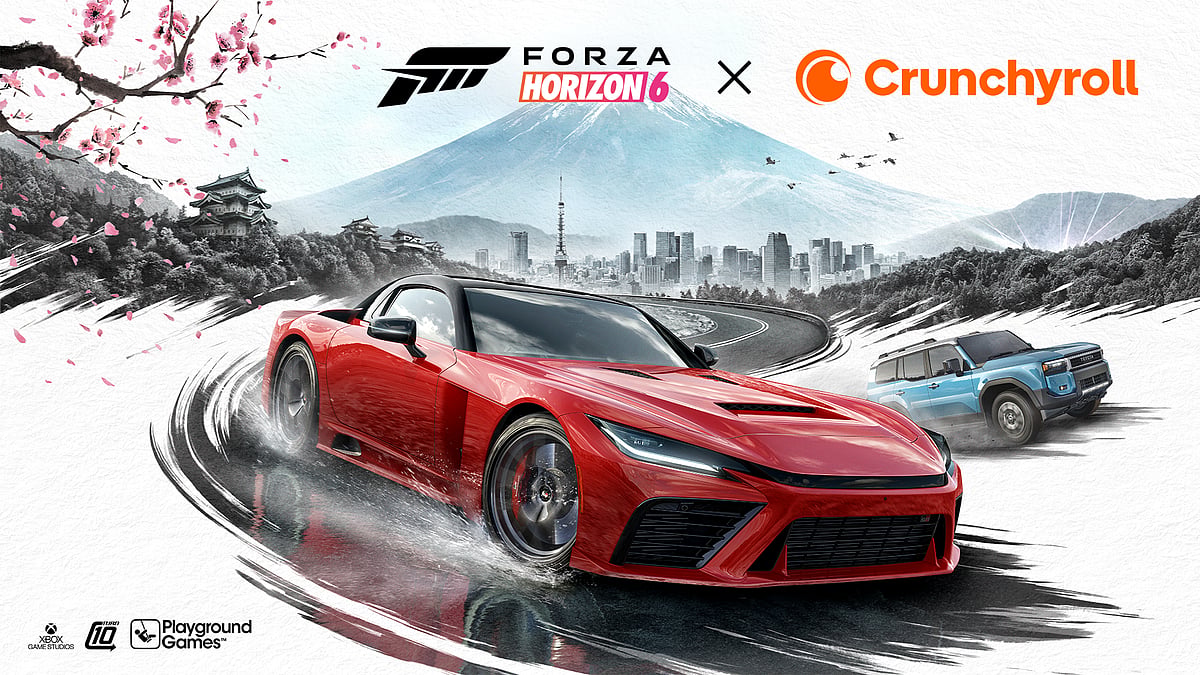 Forza Horizon 6 x Crunchyroll Collab Poster featuring a red car in the foreground and a blue car in the background