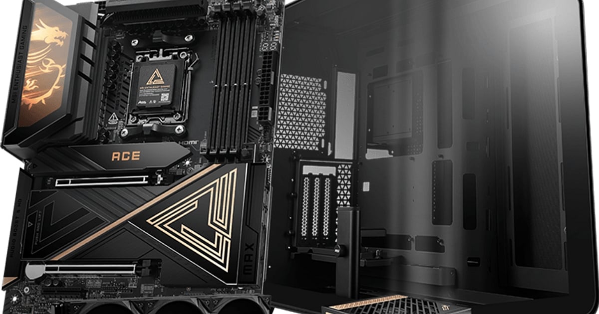 A composite image showing an MSI MEG Z790 ACE MAX motherboard on the left, highlighting its black and gold "ACE" aesthetics and dragon logo. On the right, a sleek, minimalist PC case with a tempered glass side panel is displayed, representing the enthusiast PC building market.