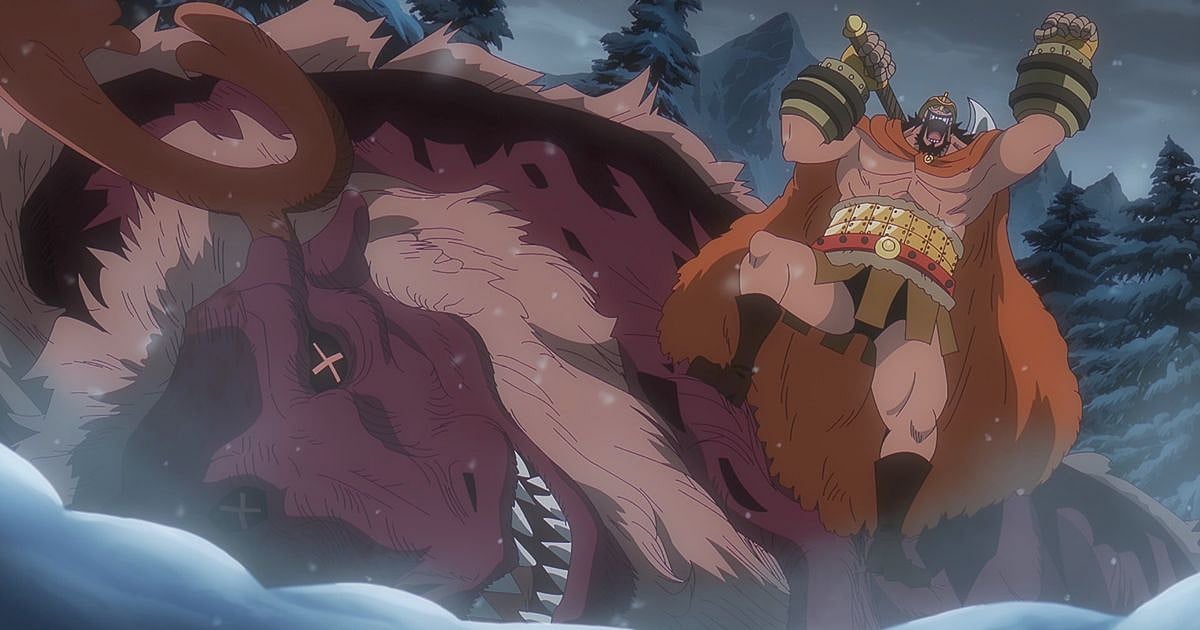 Hajrudin stands over a giant moose he has brought down for the Straw Hats' welcome feast in One Piece Episode 1161.