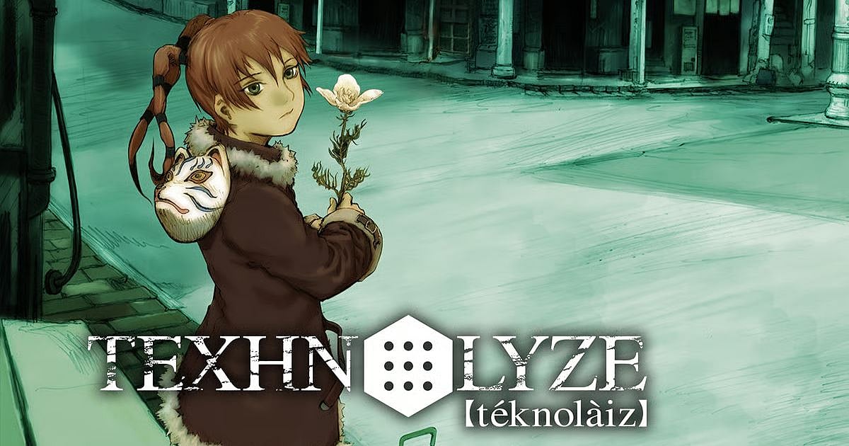 Texhnolyze anime key art of Ran holding a white flower in the underground city of Lux, with series logo.