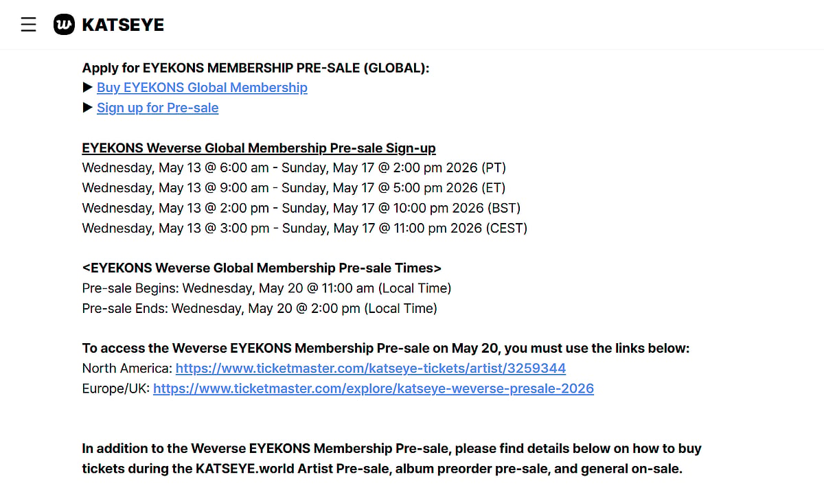 KATSEYE Pre-sales and Sales Details (Image Credit: Weverse)