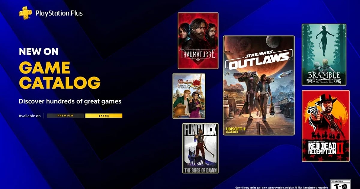 A PlayStation Plus promotional graphic titled "New on Game Catalog" for the Extra and Premium tiers, displaying cover art for Red Dead Redemption 2, Star Wars Outlaws, The Thaumaturge, Bramble: The Mountain King, Flintlock, and Broken Sword.